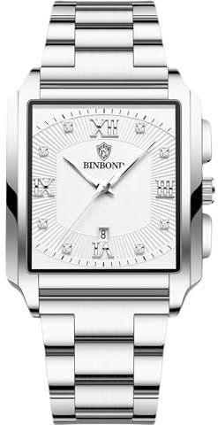 Rorios Herren Quadratische Armbanduhr Quarz Wasserdicht Elegant Diamant Vintage mit Kalender Leuchtend und Edelstahl Armband für Männer