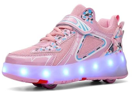 Jungen Mädchen Rollschuhe Schuhe Mit 4 Rollen Skateboardschuhe, Verstellbar Jugend Schuhe mit Rollen und LED Licht, Multifunktionale Sportschuhe Outdoorschuhe für Kinder Erwachsene…-Rosa||38