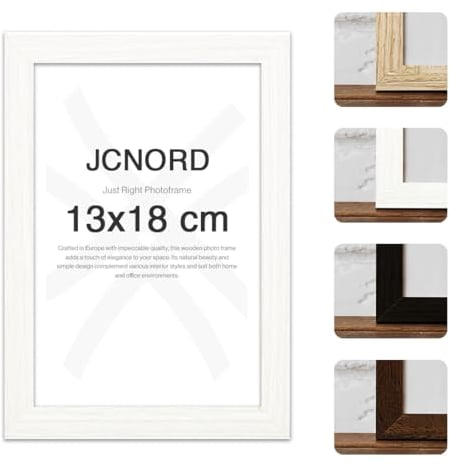 JCNORD Weißer MDF Holz Bilderrahmen 13x18 cm mit bruchsicherem Acrylglas | Moderner Fotorahmen für Wände und Tische