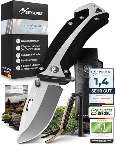 BERGKVIST® K29 Couteau pliant (couteau à une main) - couteau de survie 3-en-1 avec brise-vitre et coupe-ceinture avec pierre à feu & étui - manche en G10 noir
