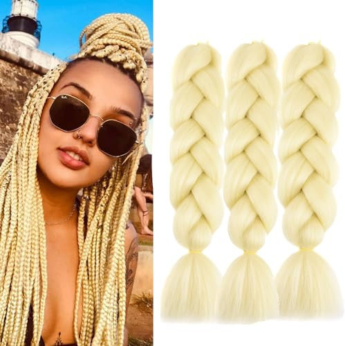 blond haare zum einflechten,3packs Jumbo Braid Extension 24, Braids Extensions Kunsthaar Zum Einflechten Für Crochet Twist Flechten Haar (#613 Blond, 24zoll(3per Pack))