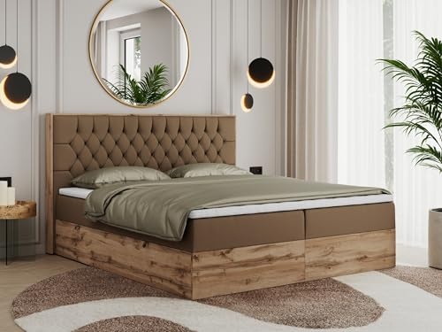 MKS MEBLE Boxspringbett Amore 160x200 cm, Bett mit Bettkasten, Wotan Eiche Holzrahmen, Multipocket Matratze H3, Topper T25, mit gepolstertes Kopfteil – Braun Kunstleder