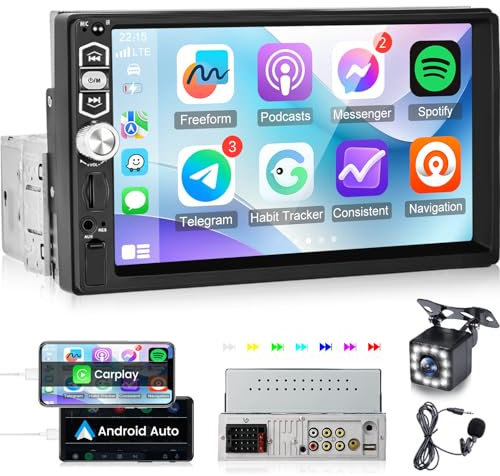 Radio 1 DIN con Pantalla con Carplay y Android Auto - Radio Coche Pantalla Táctil HD de 7 Pulgadas con Mirror Link EQ Bluetooth Radio FM SWC AUX USB + Cámara de Visión Trasera
