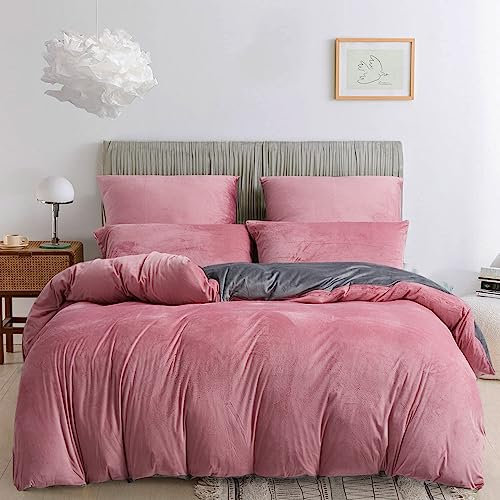YASMENG Housse de Couette Flanelle 220x240 Hiver Chaude Rose Gris Polaire Parure de Lit Flanelle Doux Douillet Duveteux Linge de Lit 2 Personne avec Fermeture Éclair et Taies d'oreiller 65x65 cm