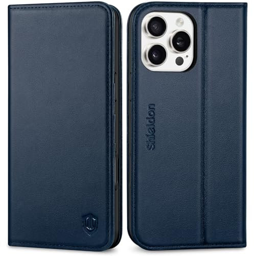 SHIELDON Case for iPhone 16 Pro Max 5G, Genuine Leather Folio Wallet with [Card Slots][Magnetic Closure][Kickstand][RFID Blocking] Flip Cover with Stand Compatible with iPhone 16 Pro Max - Navy Blue