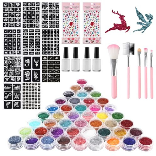 Kit Di Tatuaggi Glitterati, 48 Colori Tattoo Temporanei per Bambini Ragazze,195 Stencil, 2 Adesivi con Strass, Adatto per Carnevale, Festa dei Bambini, Festa di Compleanno