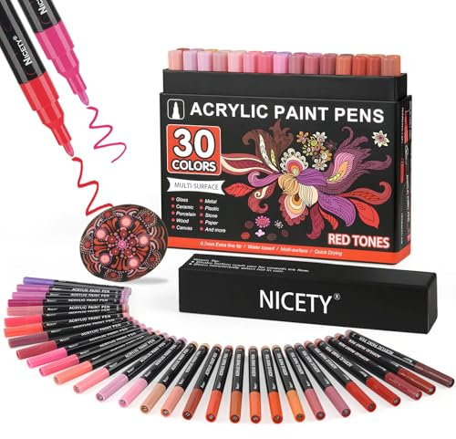 NICETY 30Pcs Acrylic Paint Pens Paint Markers for Rock Painting Stone Glass Ceramic Wood Metal Fabric - 0.7mm Extra Fine Tip Water Based Acrylic Markers(Red)