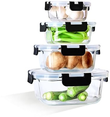 IUGHN Lot de 4 boîtes à déjeuner réutilisables en verre sans BPA avec couvercle – Récipients alimentaires en verre sans danger pour micro-ondes, four, congélateur et lave-vaisselle