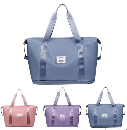 Large Capacity Folding Travel Duffel Bag, Tote Sports Gym Bag, Shoulder Overnight Weekender Bag for Women & Men, Hospital Bag, Expandable Duffel Bag with Trolley Sleeve/Wet Pocket (Haze Blue)