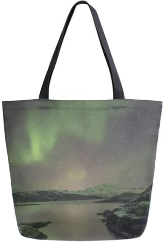 Canvas Umhängetasche Nordlicht Bücher Tasche Faltbare Shopper Handtasche Personalisiert Einkaufstasche, Für Frauen, Arbeit, Fitnessstudio