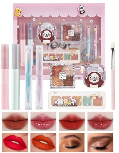All in One Make Up Set, Multifunktion Schmink Set für Frauen, 8PCS Valentinstags Geschenkset mit Lipgloss Lidschatten Concealer Setting Powder Make-Up-Pinsel für Unterwegs & Verschenken Mädchen