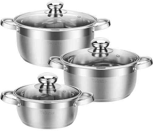 Velaze Töpfe Set, 6-teilig Kochtopf Set aus Edelstahl, Topf Induktion mit Glasdeckeln, PFOA frei, Klassisches Design, Topfset für alle Herdarten, Töpfe mit 3 Kochtöpfe