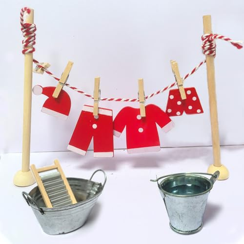 RTUOHUIN Wichtel Wäscheständer Set, 16 Stück Miniatur Wichtel Zubehör, Wichteltür Zubehör Weihnachten inkl. Holzbügel/Kleider, Eimer, Reibebretter, Kinderzimmer Dekoration für Weihnachten