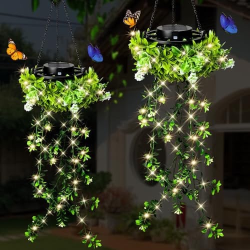 KagoLing Plantas Artificiales Decorativas Luz Solar, Paquete de 2 Plantas Artificiales Colgantes Farolillos Solares Exteriores Estancos IP65, Regalos para Mujer para Navidad, San Valentín, Bodas