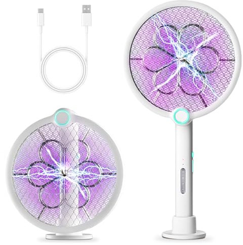 BuzzoXerex Matamoscas Electrico, 2 en 1 4000V Mata Mosquitos Electrico,1800mAh Raqueta Mosquitos Electrica USB-C Recargable con Soporte y Bolsa Impermeable