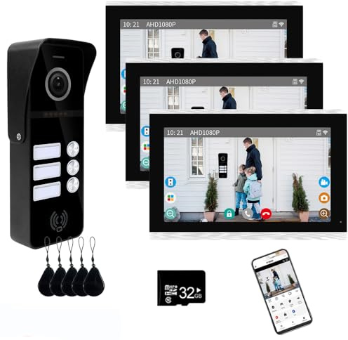 Sistema di campanello video cablato 3 unità 10 pollici monitor video citofono supporto sorveglianza, 3 in1 sblocco per casa villa (campanello nero + schermo argento)