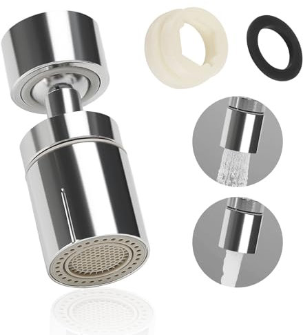 Wasserhahn Aufsatz Schwenkbar, 360° Drehbarer Wasserhahn Belüfter, Doppelfunktion Luftsprudler mit 2 Strahlarten Drehbar Strahlregler für Bad Küche mit M22 bis M24 Aufsatz