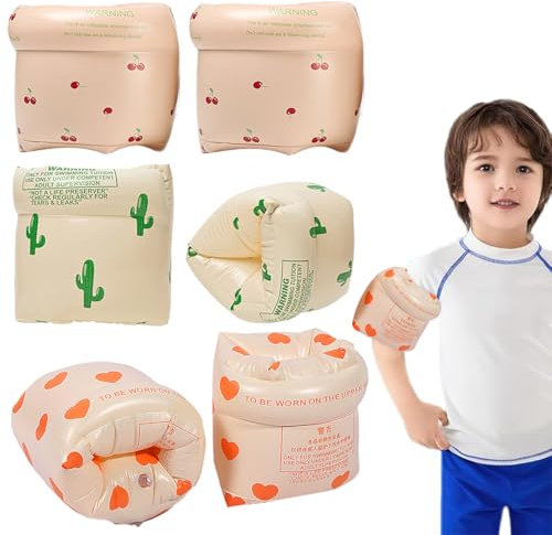 3 Pares Manguitos Infantiles, 2 cámaras de Aire de 1 a 6 años, con válvula de Seguridad, Manguitos de natación para niños de 0 a 30 kg, con Cereza, Cactus y patrón de Amor