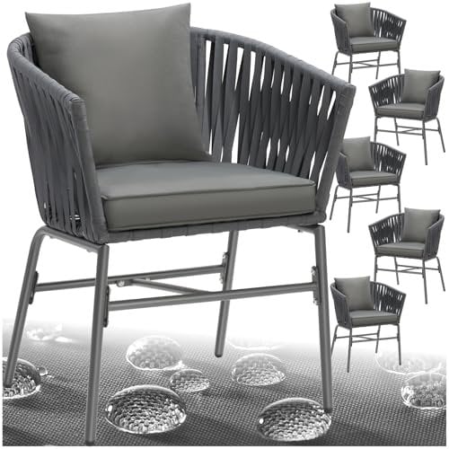 TecTake® Sillas Jardin Exterior con Cojines Gruesos, Butacas Cómodas Terraza, Butacas Cocina, Muebles de Exterior e Interior, Silla de Comedor, Silla Tocador de Maquillaje - 6 Sillas Gris Oscuro