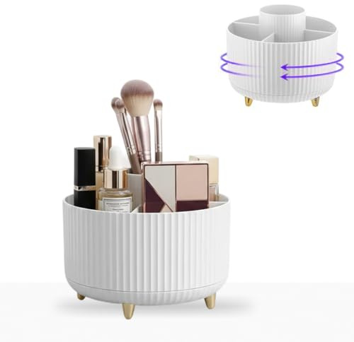 360° Rotating Makeup Organiser with 5 Compartments – Multi-Use Cosmetic Brush Holder and Desk Storage Container for Makeup, Jewelry, Stationery – Anti-Slip Base (White)