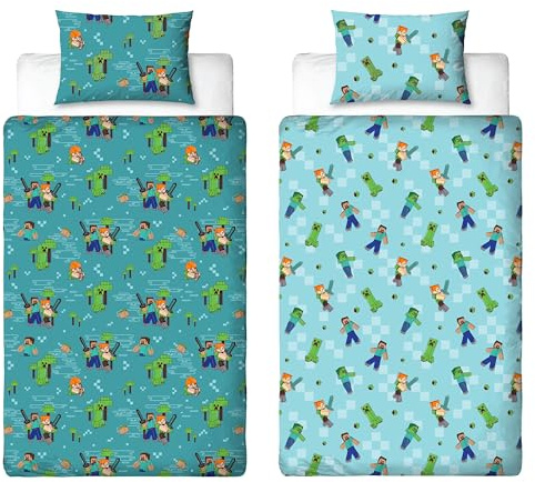 Character World Offizielles Minecraft Movie-Bettbezug-Set für Einzelbett | Level-Up-Design, wendbare 2-seitige Bettwäsche inklusive passendem Kissenbezug | Einzelbett-Bettwäsche-Set