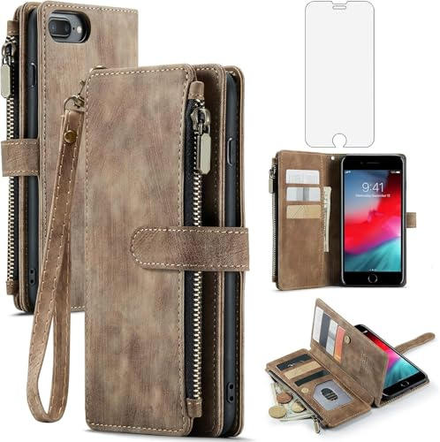 Asuwish Coque pour iPhone 7 Plus/8 Plus Portefeuille avec Verre Trempé et Porte Carte Chaine PU Cuir à Clapet Étui Housse Support i 7Plus 8Plus + 7+ 8+ Téléphone Vitre Protege Case Femme Homme Marron