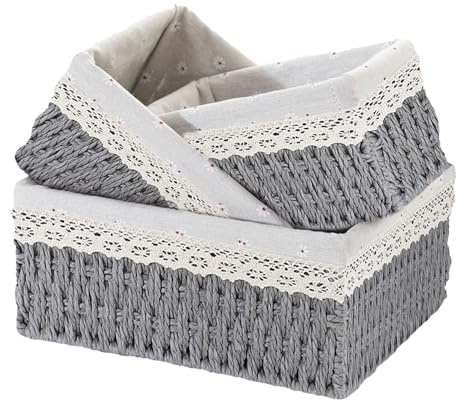 KiKiHong Set of 3 Rope Woven Storage Baskets Grey Wicker Basket | with Removable Liners,Perfect for Bathroom, Kitchen, Home Closet & Desk Organiser (Grey)