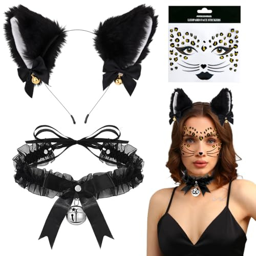 HUKUMA Katzen Kostüm Damen, Katzenohren Haarreif + Glöckchen Halskette + Tattoo Gesicht, Katzenkostüm Accessoires, Tierkostüm für Karneval Fasching Halloween Cosplay Party