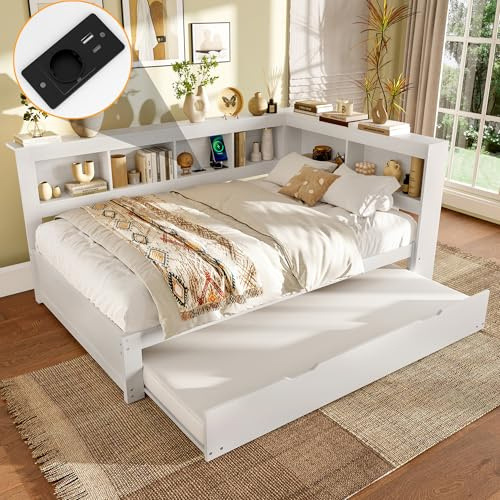 Homgoday Daybett, 140 x 200 cm, Schlafsofa, Tagesbett mit ausziehbarem Bett, Mit Steckdose und 2 USB-Anschlüssen, Bett mit Lattenrost (ohne Matratze), Spanplatte, Weiß Bettgestell WX000335AAK