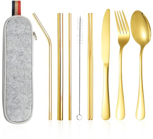 LERANXIN Set Couverts Voyage, 9 Pièces Couvert a Emporter en Acier Inoxydable, Couvert Camping Portable avec Sac de Rangement, pour Pique-Niques, Camping, Voyages et Autres Activités Plein Air, Or