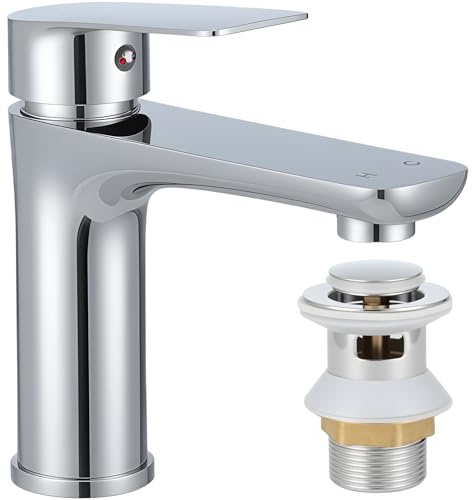Bathroom Basin Mixer Tap with Pop Up Waste, Stainless Steel Sink Tap with Aerator, Single Lever Bathroom Tap, Water Saving, Leak-Free Ceramic Valve, 1 Hole with 60cm G1/2 Hoses (Silver)