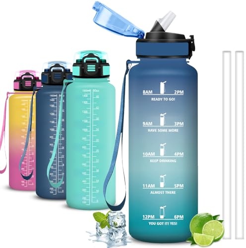 Mujigaga Wasserflasche- 1 5 liter- Trinkflasche Sport, Kann mit Dir Tragen, Flasche mit Strohhalm, Wasserflasche mit Zeitmarkierung, Auslaufsicher, für Running, Camping, Wandern