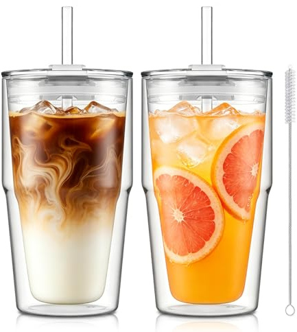KEMORELA 2 Pack Double Walled Glass Mugs with Lid & Straw, 480ml Clear Latte Glasses for Iced Coffee, Matcha, Tea, Smoothies & Cold Drinks
