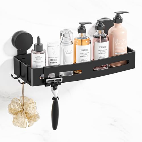 Wisfame Mensola Doccia Ventosa Senza Foratura, Alluminio, 32cm, Nero | Antiruggine Mensola Doccia Senza Foratura, Porta Shampoo Ventosa, Con 3 Ganci, Rimovibile - Bagno/Cucina/Portaoggetti Doccia