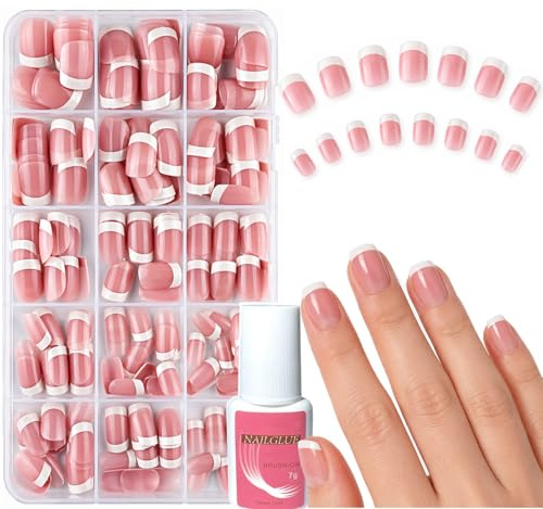 240pcs French Tip Press on Nails Square Pink Short False Nails with Tools,15 Sizes White French Tip Acrylic Nails Reusable with Glue,for Women Manicure Decorations
