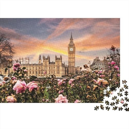 Big Ben Sonnenuntergangs-Blick aus recyceltem Karton, dekorativ und lehrreich, Puzzle von Big Ben bei Sonnenuntergang im Garten, farbenfroh für Erwachsene ab 14 Jahren, 38x26cm/1000 Teile