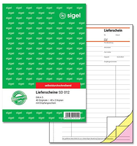 SIGEL SD012 Lieferscheine A5, 3x40 Blatt, selbstdurchschreibend, 1 Stück, aus nachhaltigem Papier