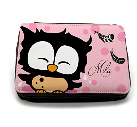 Gefüllte Federtasche Federmappe Eule Federn rosa mit Name Wunschname fm014