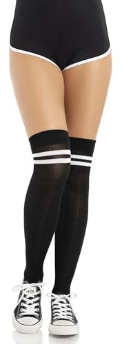 Leg Avenue Women's Two Striped Ribbed Athletic Thigh Highs, O/S, Black/White (691922007)