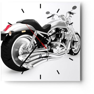 Modern Wanduhr Chopper Motorrad Chrom 30x30cm Quadrat Klein Wand Uhr Glas Analog Zimmeruhren Küche Büro Wohnzimmer Glasuhr Wall Clock Dekoration Design Wanddekoration Küchenuhr C3AC30x30-0476