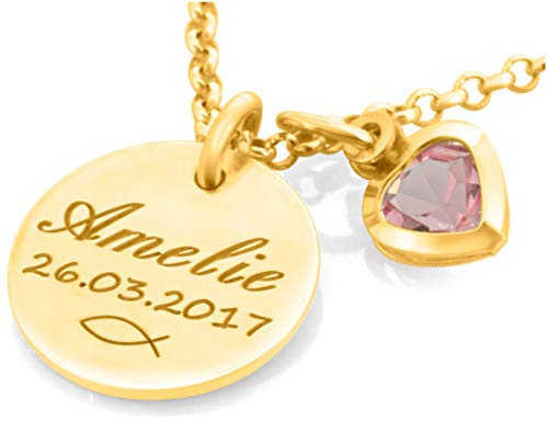 Taufkette Mädchen gold mit Gravur Namenskette Taufe Silber Taufschmuck Herz rosa Taufgeschenk Geburt Kette Ichtys Baby Heilige Taufe | HANDMADE IN GERMANY