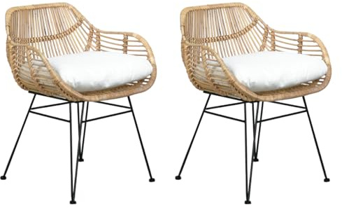 Meubletmoi Sessel aus Rattan, naturfarben, Untergestell aus schwarzem Metall, exotisch, Ethno-Stil, Bohème, Chic, Ibiza, 2 Stück