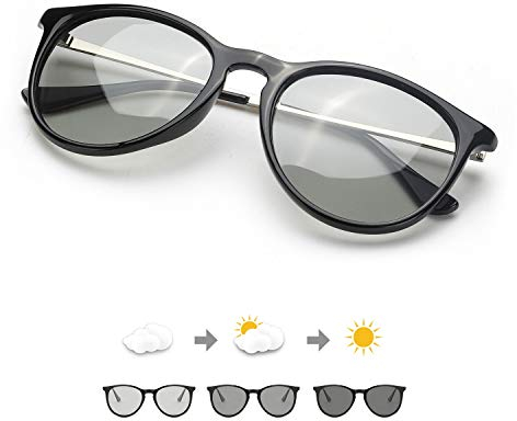 TJUTR Photochromatisch Sonnenbrille für Herren Damen, Polarisiert Klassische Retro Runde Brille Autofahren- UV400 Schutz (Schwarz/Grau Photochromatisch)