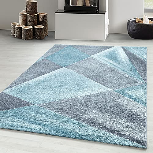 Carpetsale24 Designer Teppich Modern Abstrakt Gemustert – Grau und Blau – Wohnzimmerteppich für modernen Stil und Komfort, Größe 80x150 cm – Pflegeleicht, Weicher Flor, Ideal für Wohnzimmer