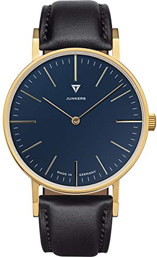 Junkers Dessau Analog Quarz Uhr Lederarmband Saphirglas goldfarbenes Gehäuse blau 9.17.03.01