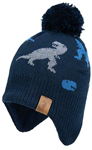 Foruhoo Jungen Wintermütze Beanie Hut, Mädchen Strickmütze Mütze mit Bommel (55, Marineblau Dinosa)