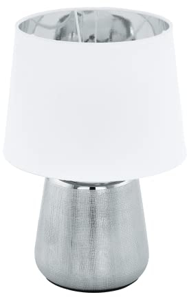 EGLO Tischlampe Manalba 1, Textil Nachttischlampe aus Keramik in Silber und einem Lampenschirm aus Stoff in weiß und Silber, Tischleuchte Wohnzimmer, Schlafzimmer Lampe E14