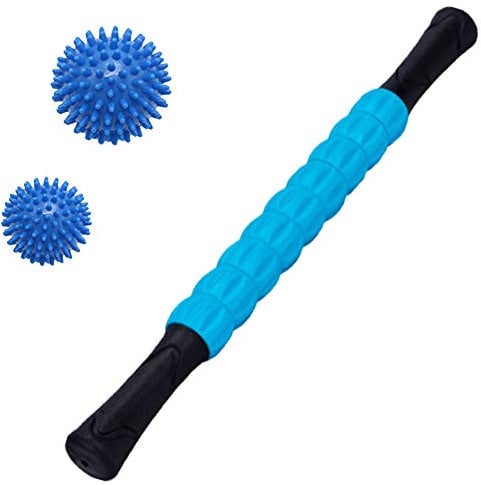 Vandove Massageroller Muskel Roller Stick,Ultraportabel Massagegerät Tiefenmassagerolle,Mit 2 Massageball,für Triggerpunkt- MassageFaszienrolle mit Griff Ideal,für Anfänger (Blau)
