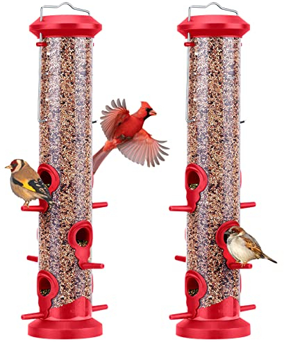 Kingsyard 2X Vogelfutterspender 38cm - mit 6 Anflugstangen, Vogel Futterstation, Wildvogelfutterspender für Sämereien, ganzjährige Fütterung, für Garten/Terrasse/Balkon, Rot