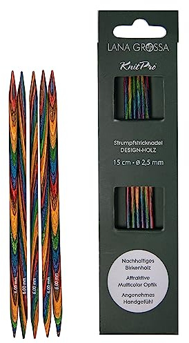 Lana Grossa Strumpfstricknadeln Holz | Nadeln aus Birkenholz, ergonomisch & farbenfroh | Ideal für Socken, Handschuhe, Mützen & feine Strickprojekte - 15/2,25